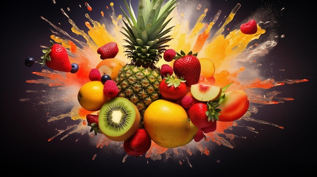 Dynamic explosion of assorted colorful fresh fruits with vivid splashes