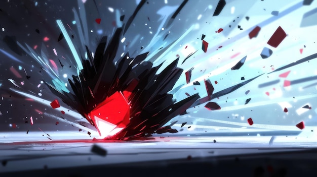 Photo a dynamic explosion of a red crystal amidst dark shards and light rays