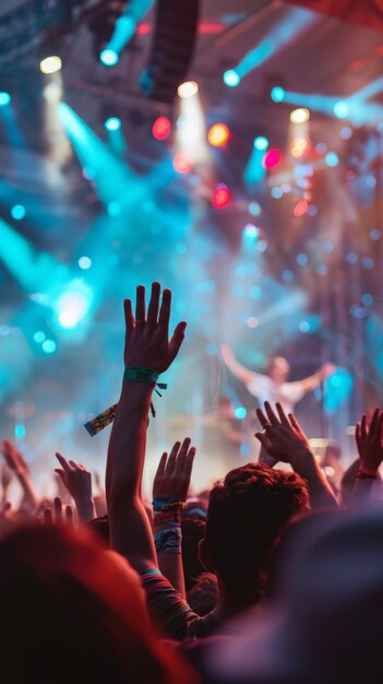 Dynamic festival crowd with hands raised under bright stage lights perfect for capturing the