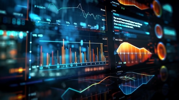 Dynamic financial visualization Monitor screen perspective showcasing digital analytics data