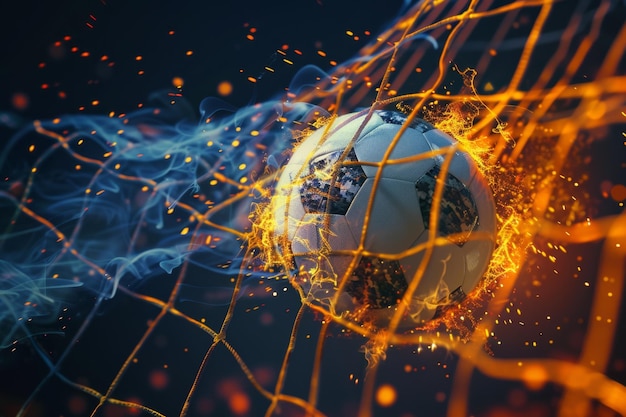 Photo dynamic fire soccer ball hitting goal net at night exciting moment captured in dramatic style for sports and competition themes vivid colors and actionpacked scene generative ai