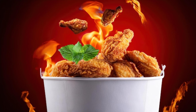 Dynamic Fried Chicken with Fire and Smoke Creative Concept in Paper Bucket on Red Background