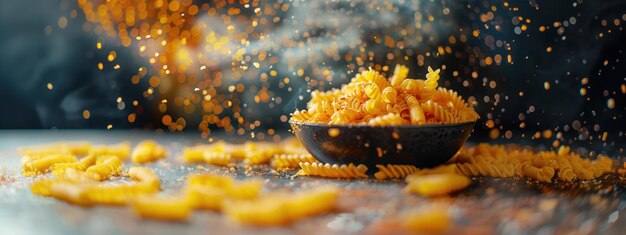 Photo dynamic fusilli pasta with flying basil