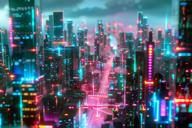 Dynamic futuristic skyline with sleek 3D buildings and neon lights