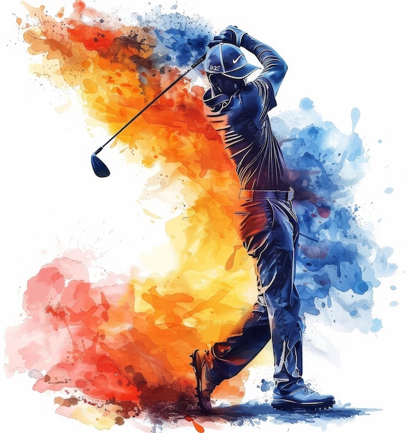 Photo dynamic golfer swinging club in vibrant watercolor splash art design