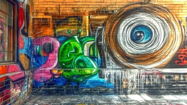 Photo a dynamic graffiti mural on a brick wall urban culture