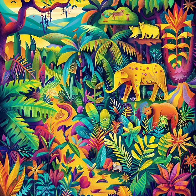 A dynamic grafic illustration of a sidewalking animals who walk threw a colourful dschungel