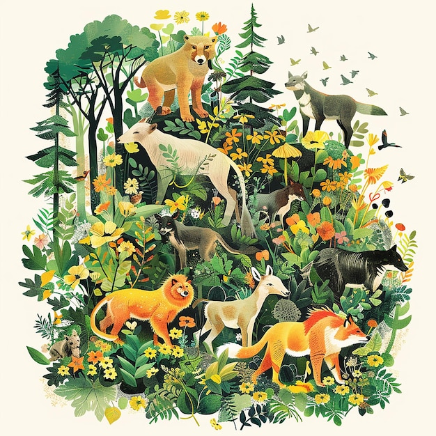 A dynamic grafic illustration of a sidewalking animals who walk threw a colourful dschungel