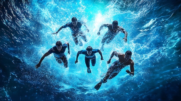 Photo dynamic group of swimmers underwater in action