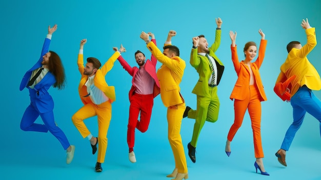 Photo a dynamic group in vibrant suits jumps energetically against a solid blue backdrop showcasing a stylish and exuberant mood