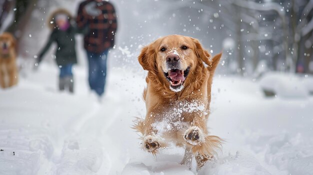 Photo a dynamic and heartwarming scene of a happy golden retriever playing outdoors