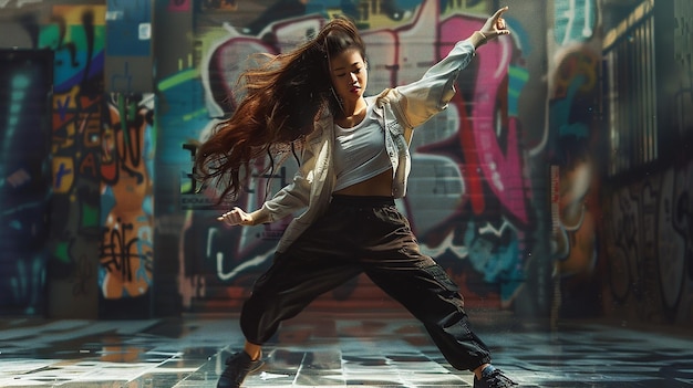 Photo dynamic hiphop dance moves by asian woman