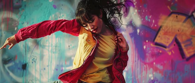 Photo dynamic hiphop dance moves by asian woman