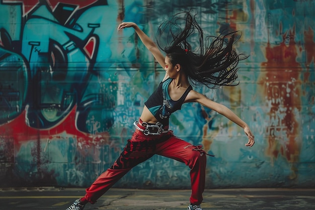 Photo dynamic hiphop dance moves by asian woman