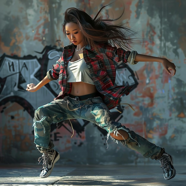 Photo dynamic hiphop dance moves by asian woman