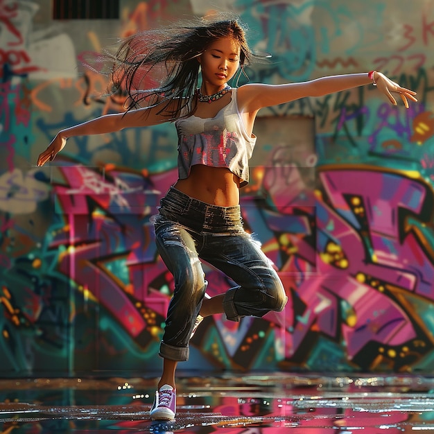 Photo dynamic hiphop dance moves by asian woman