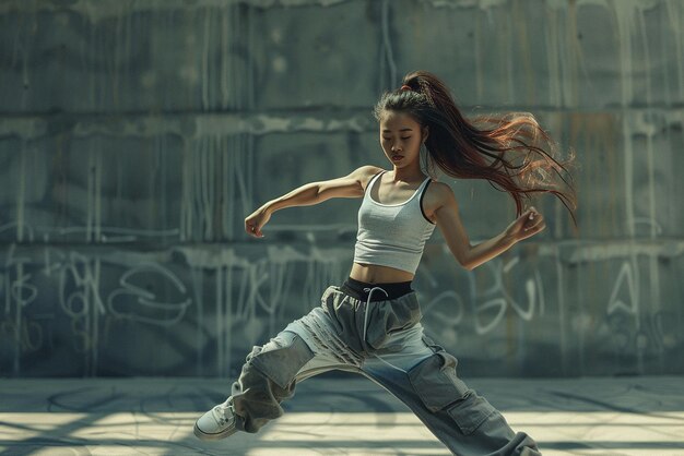 Photo dynamic hiphop dance moves by asian woman