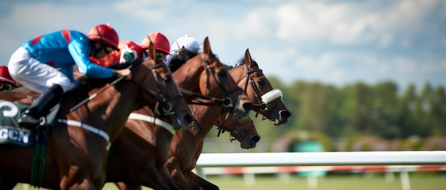 Dynamic horse race in action jockeys leaning into the speed and competition