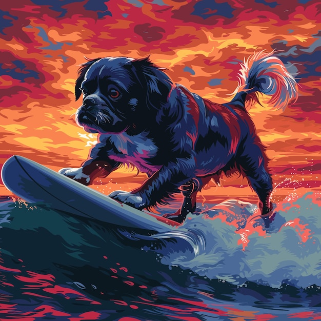 A dynamic illustration of a dog surfing on a wave at sunset with vibrant hues of orange and pink pa