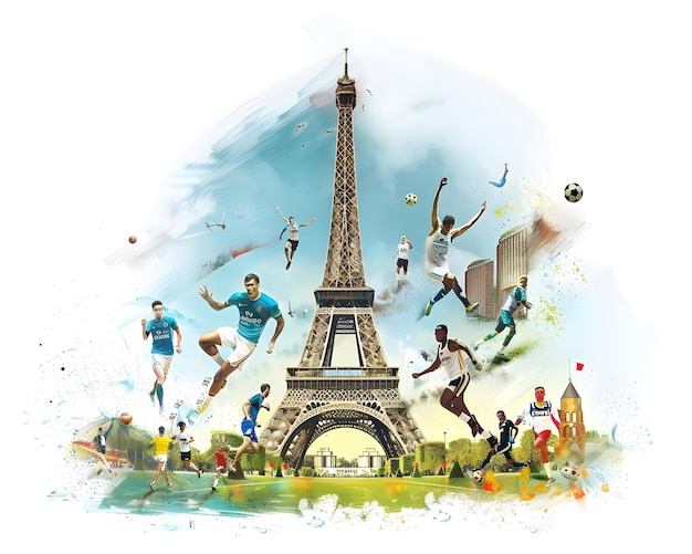 Dynamic illustration featuring diverse sports activities around Eiffel Tower symbolizing internation