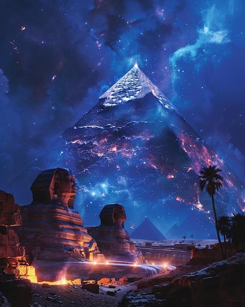 Photo a dynamic illustration of the giza pyramid complex at night