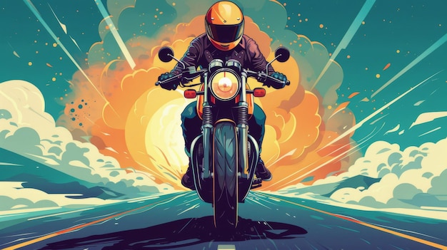 Photo dynamic illustration of a motorcyclist speeding on a road with an explosive colorful background