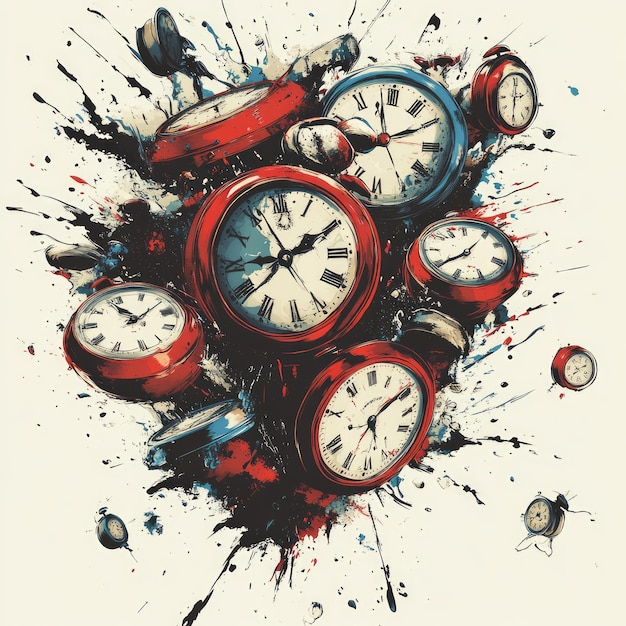 Photo a dynamic illustration of multiple red clocks exploding with color splashes