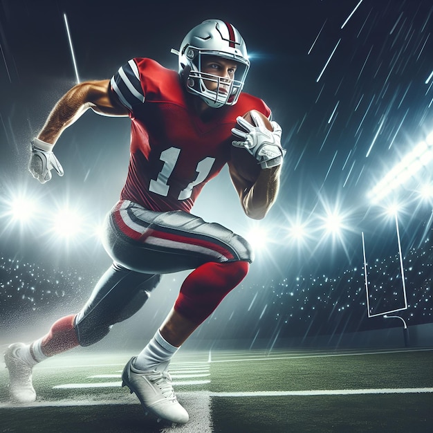 Dynamic image of an American football player in action on the field during a game