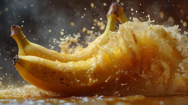 Dynamic image of a banana splashing into juice capturing motion and freshness in high detail frozen action photography AI