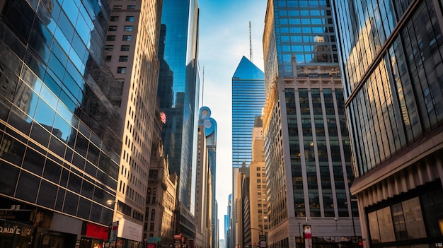 A dynamic image of a bustling financial district with towering highrise buildings