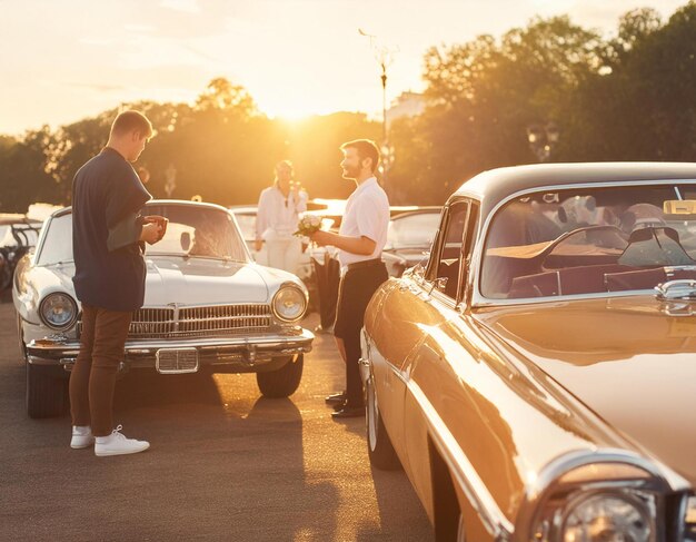 Photo dynamic image of classic car show with vintage cars and enthusiasts at sunset