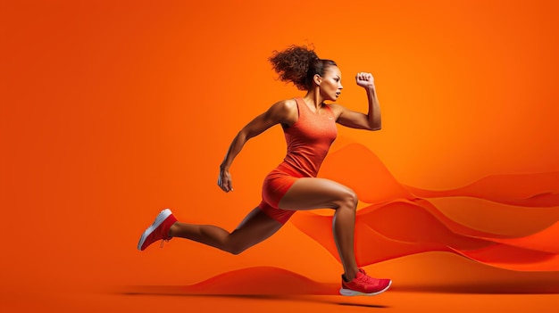 A dynamic image of a female athlete in midstride dressed in red athletic wear with a flowing orange trail against a vibrant orange background