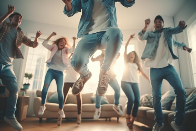 Photo a dynamic image of a group of people joyfully jumping in the air perfect for illustrating teamwork and success