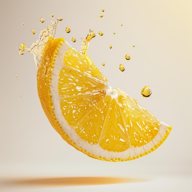 A dynamic image of a lemon slice midair with a splash of juice droplets capturing the essence of