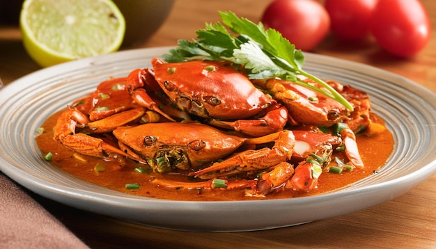 Photo a dynamic image of a plate of singapores famous chili crab with large crab pieces covered