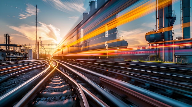 Dynamic Industrial Sunset with Blurred Motion Trails on Railway Vivid Colors FastPaced Urban Scene Capturing the Rush of Time AI