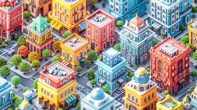 Photo dynamic isometric cityscape with colorful urban architecture and busy streets