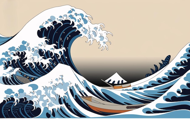 Photo dynamic japanese woodblock of powerful ocean wave and fishing boat