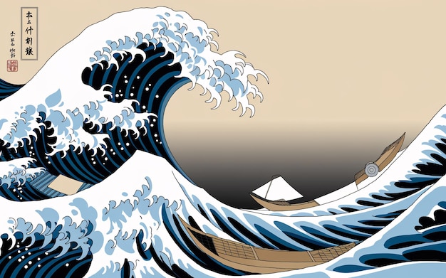 Photo dynamic japanese woodblock of powerful ocean wave and fishing boat