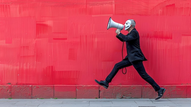 Photo dynamic jump man in black suit and white mask holding megaphone against vibrant pink background