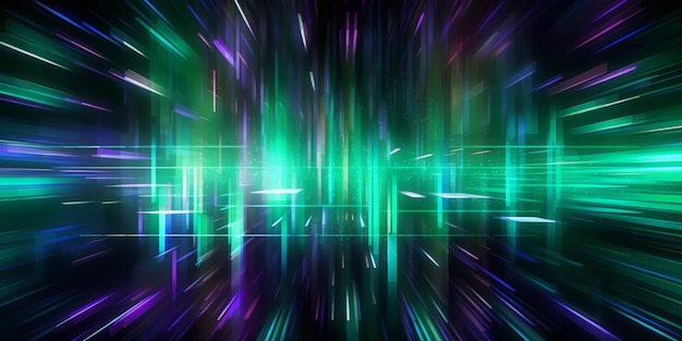 Dynamic Kinetic Green Lights and Lines on Dark Background Turquoise and Purple Accents Generative AI