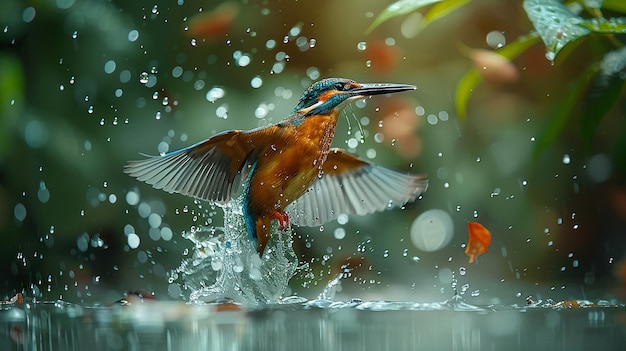 Photo dynamic kingfisher in action with water droplets and softfocus greenery background