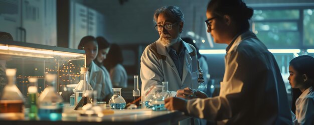 Photo a dynamic laboratory scene showcasing scientists collaborating on research with various glassware