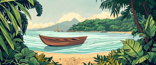 A Dynamic Layout Featuring A Vintage Fishing Boat In An Indian Lake Cartoon style