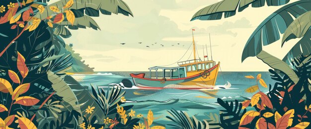 A Dynamic Layout Showcasing A Vintage Fishing Boat In India Cartoon style