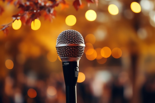 Dynamic learning environment Microphone symbolizing conference training in a blurred background