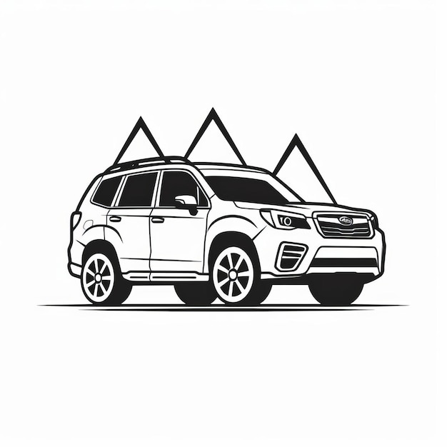 Photo dynamic linear illustration of white subaru suv in mountain landscape