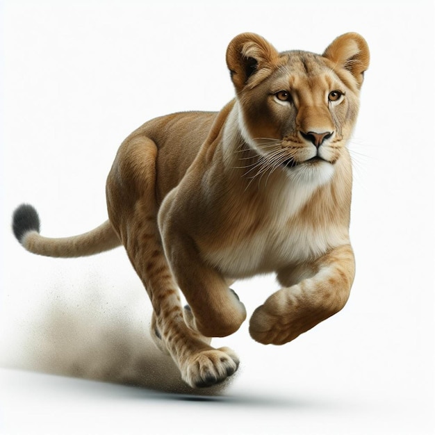 Dynamic Lioness in Motion Energetic Wildlife Illustration on White Background Generative AI