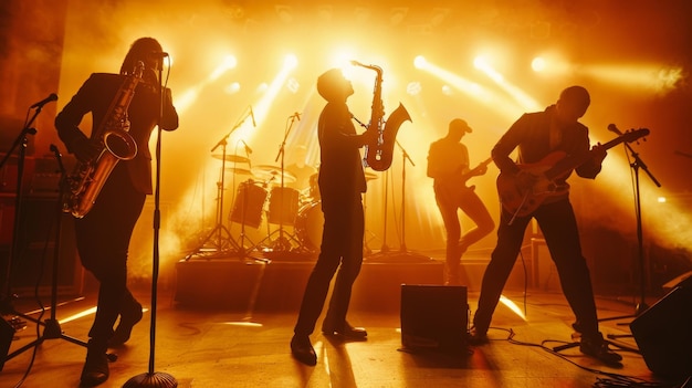 A dynamic live band performance with musicians passionately playing saxophones and guitars illuminated by a striking orange and yellow stage light