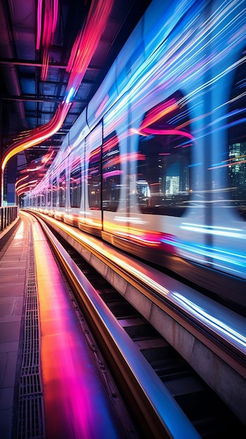 A dynamic long exposure of sleek high speed trains with neon accents racing through a futuristic